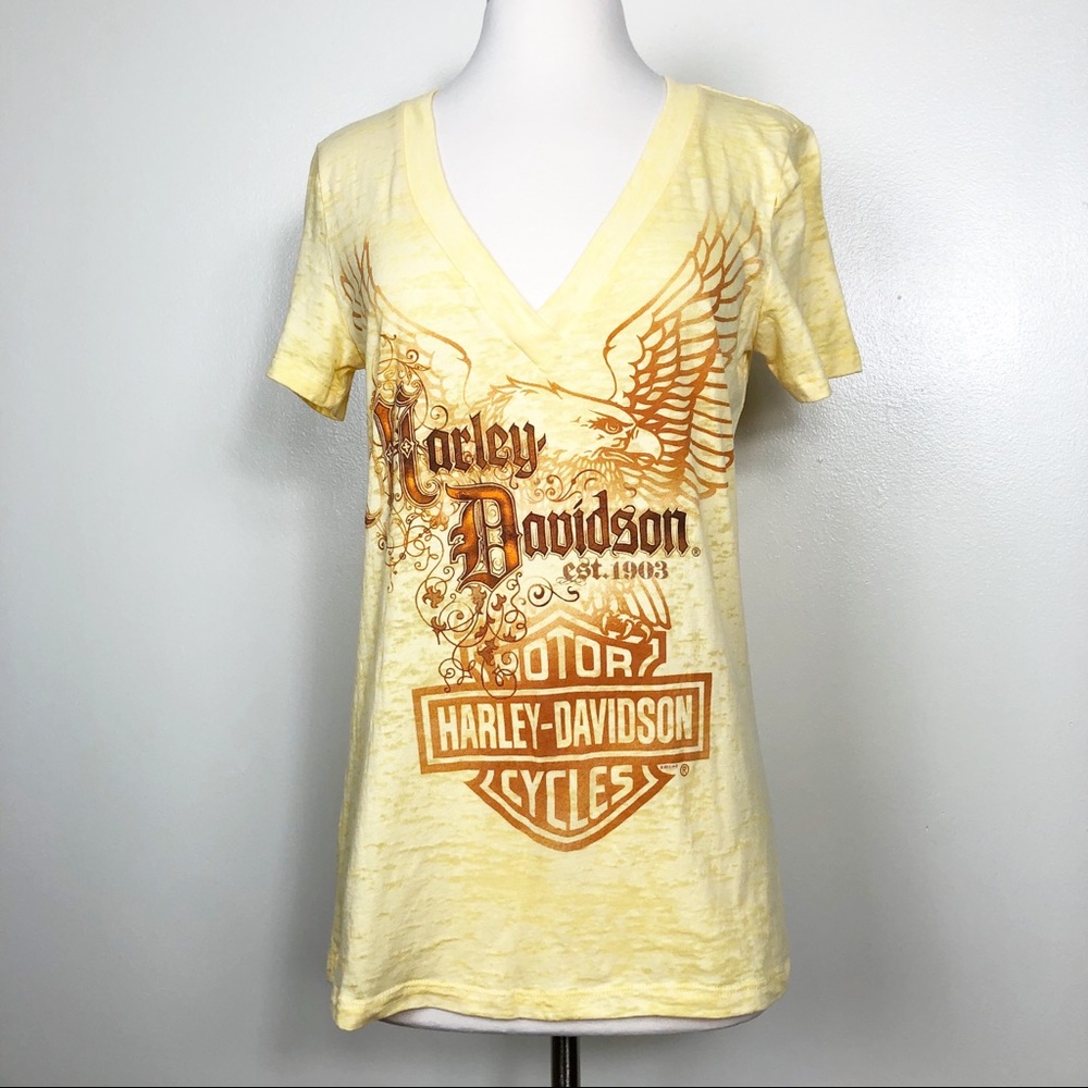 Harley Davidson Yellow Burnout V-neck Tee Women’s
